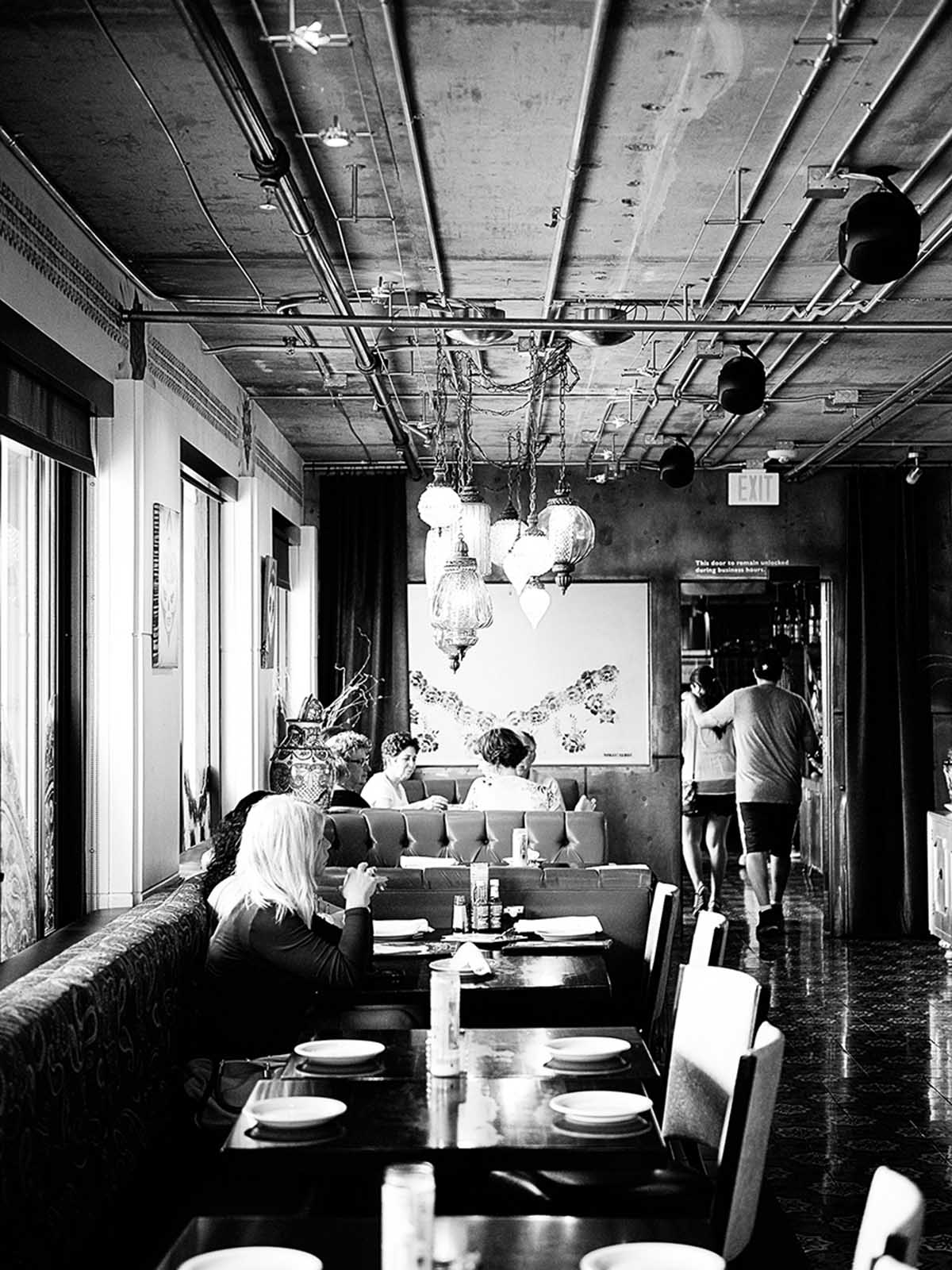 An image of a restaurant in black and white.