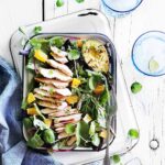 A tray with salad and sliced chicken on top.