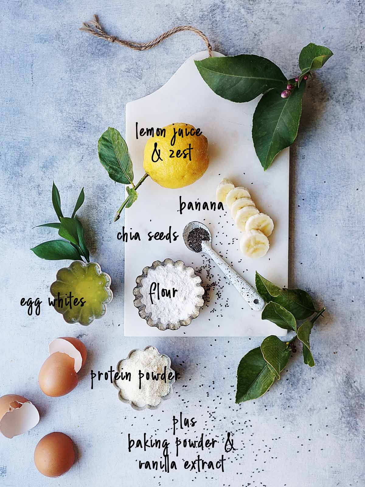 The ingredients for this recipe on a blue board.