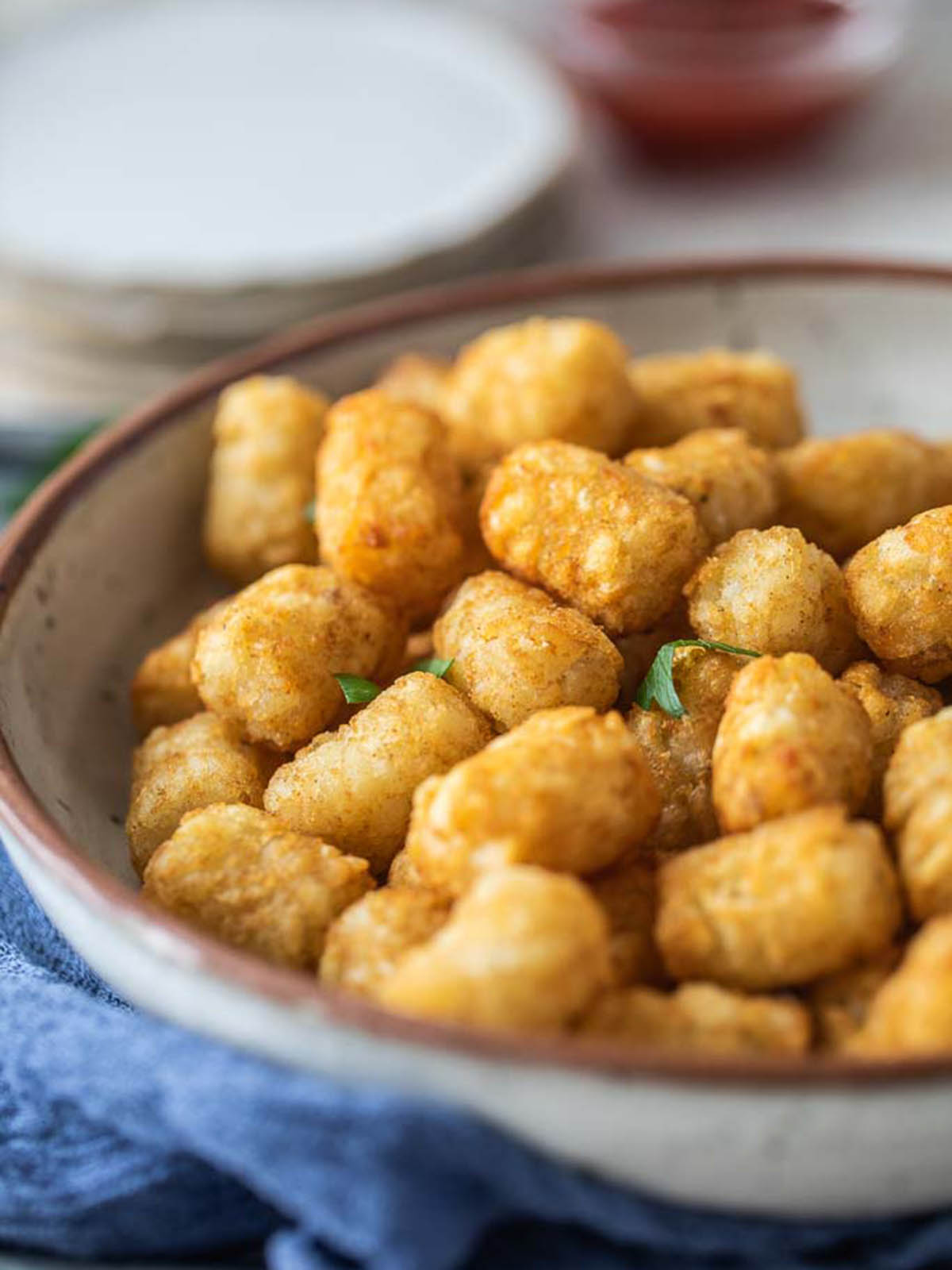 Air fryer Tater tots in a white bowl.