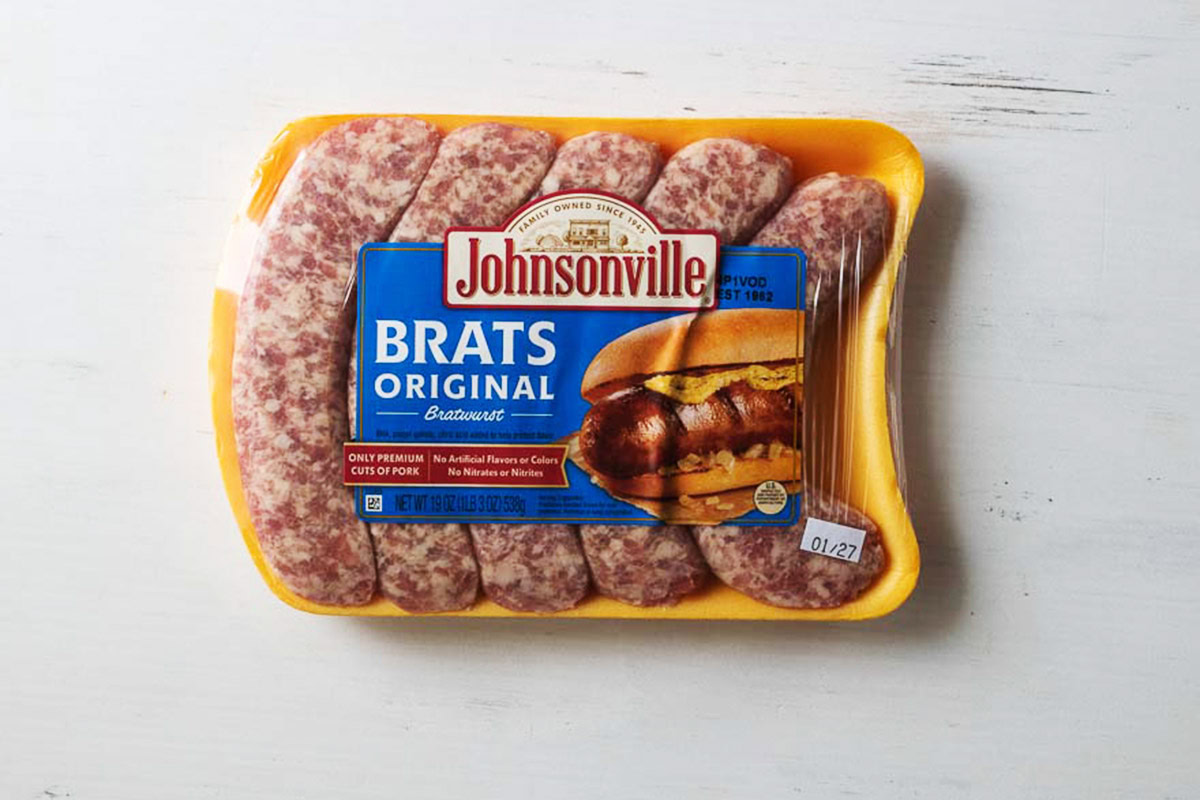 Johnsonville brats before cooking in the package.