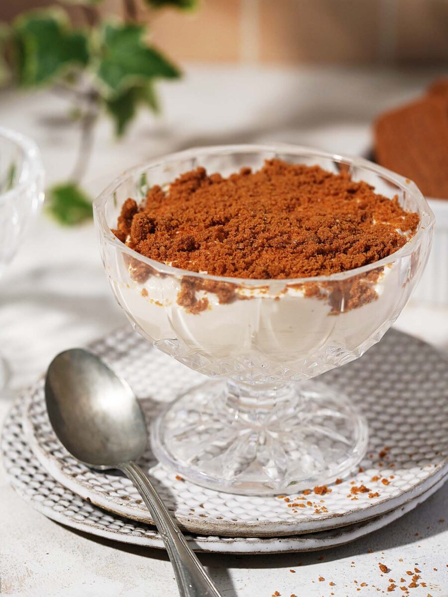A glass dessert dish filled with Protein Cheesecake topped with crumbled brown cookies sits on a white plate next to a spoon, with a green plant blurred in the background.